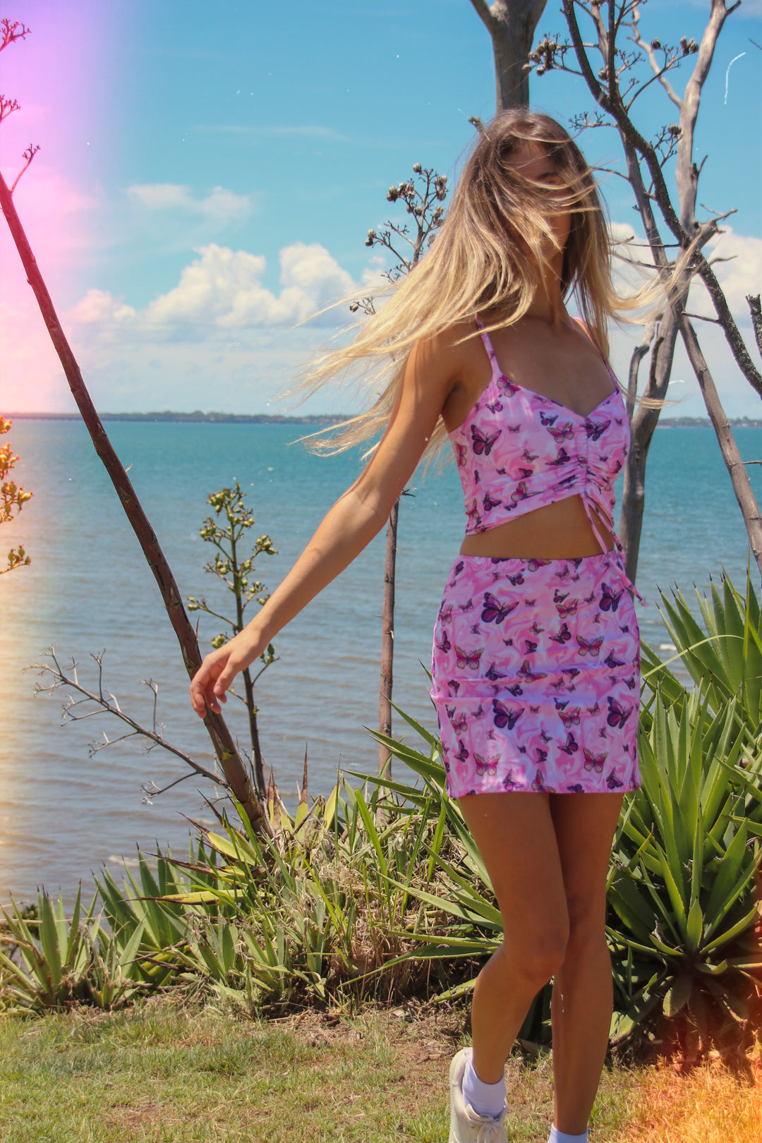 Pink butterfly crop and skirt