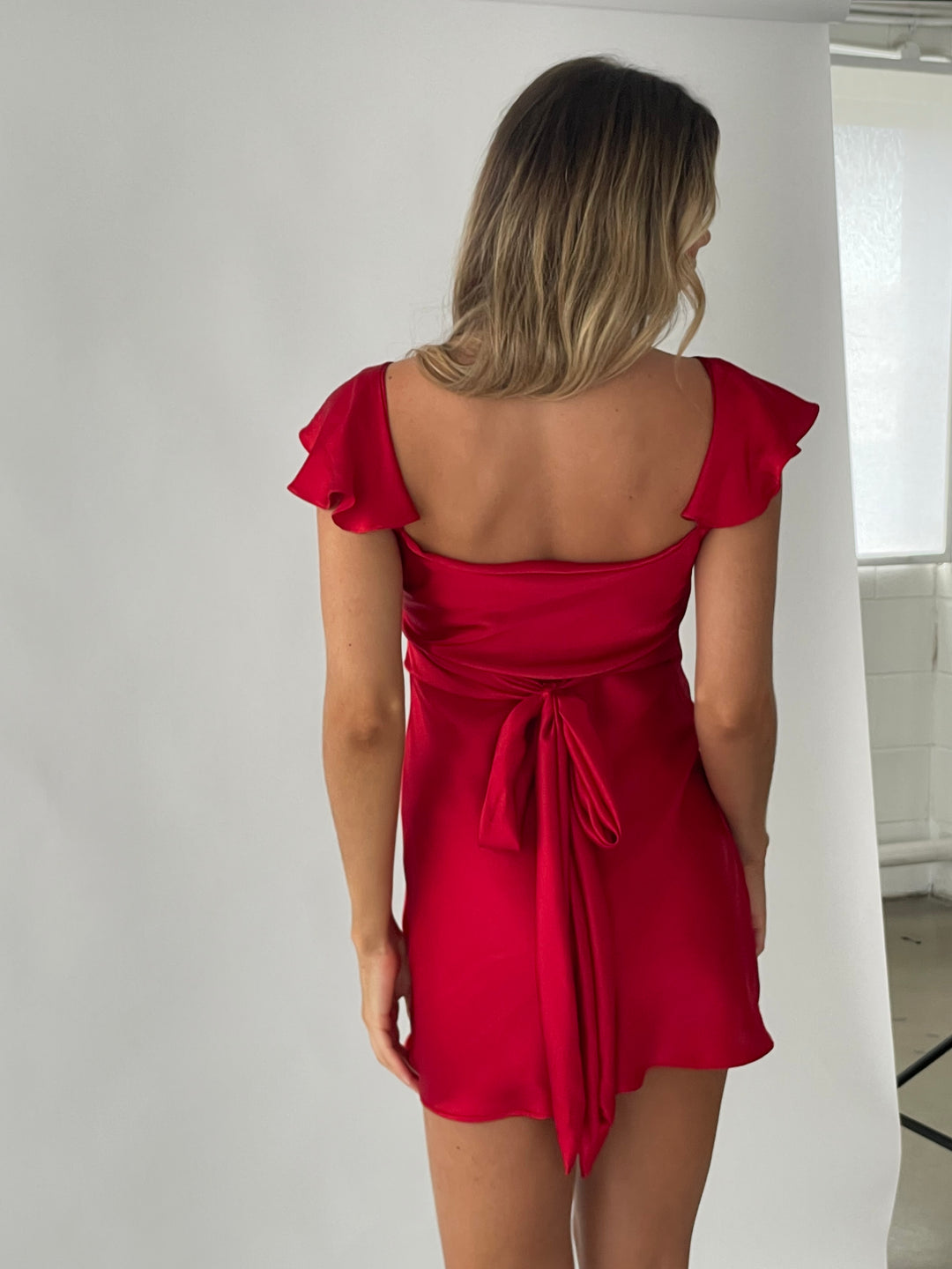 red silk mini dress back